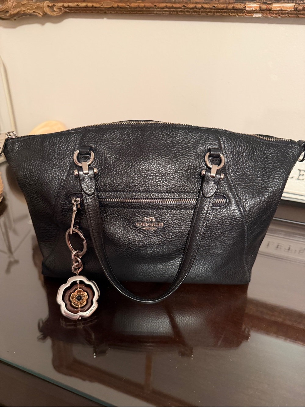 Coach Black Pebbled Leather Shoulder Satchel with Floral Charm